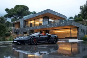 luxurious black sports car parked front stunning modern villa featuring glass walls minimalist design polished 355640560