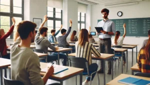 DALL·E 2024 06 28 19.10.18 A university classroom where a teacher is taking attendance. The teacher stands at the front of the class with a clipboard or tablet checking off nam 1024x585 1