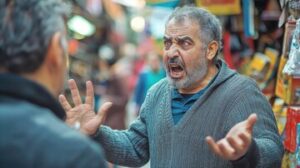 angry man arguing with shopkeeper busy market expressing frustration 908344 73584