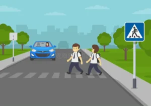 car stopped crosswalk traffic sign indicates pedestrian crossing happy school children crossing road crosswalk flat 258307713