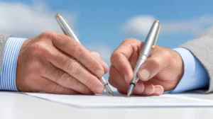 close up hands signing document fountain pens outdoors two holding sign under clear blue sky symbolizing business 375698423