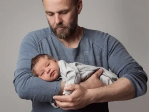 father holding baby arms man newborn over gray background brutal dad little son boy development s day rocking 333988503