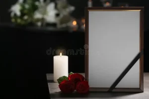 funeral photo frame black ribbon roses funeral photo frame black ribbon roses burning candle table dark room 123862337