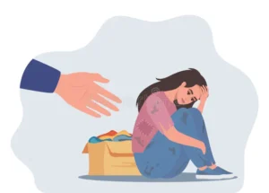 hand reaching towards upset homeless woman ragged clothes sitting ground person helping sad poor character poverty support 335589451