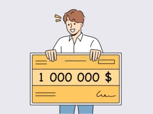happy man holding million dollar certificate rejoicing winning lottery casino lucky young guy giant check dollars 280859766