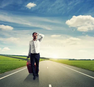 man suitcase walking road tired young businessman 33471160