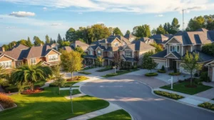 quiet residential neighborhood large single family homes enjoying sunny weather aerial view peaceful area elegant houses 354719190
