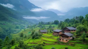 remote village highlands surrounded mountains under rainy sky wooden houses mountain nestled misty green hills rain 359848048