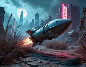 rocket flying over city landscape night moon sky retro soars above cracked urban illuminated moonlight lights 369185077