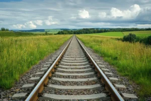 straight railway track grassy landscape straight train track stretches distance green grass rural 378290609