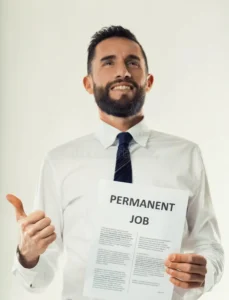 successful candidate approves employment contract jubilant professional celebrates securing permanent job position giving thumbs 301682760