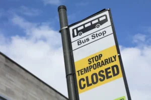 bus stop sign temporary closure notice bus stop sign temporary closure notice station road nottingham nottinghamshire uk 113831067