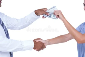 business people shaking hands exchanging bank notes white background 54770028