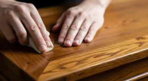 close up hands polishing wooden table surface persons hands shown polishing wooden table cloth highlighting 414339513