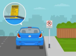 close up view violation ticket windshield no parking area back blue sedan car parked verge outdoor rules flat vector 270729840