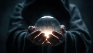 crystal ball gazing man harnessing energy glowing hands held protectively above foretelling future like fortune 412939125