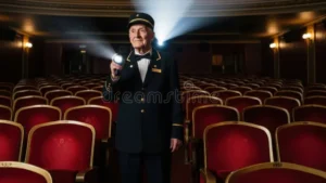 elderly caucasian male theater usher standing empty auditorium holding flashlight 425919963