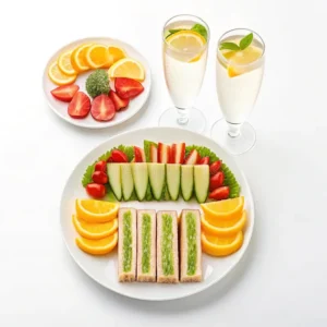 elegant fruit sandwich platter champagne flutes white background brunch elegant fruit sandwich platter champagne flutes white 391955214