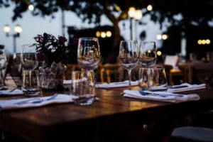 luxury table settings fine dining glassware beautiful blurred background events weddings preparation holiday passover 139822025