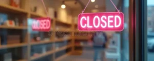 neon pink sign closed hangs shop window glass interior light blurry background showcase shelves walking person business 367458753