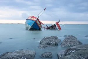 old wrecked fishing boat coast ang sila village saensuk sub district chonburi province thailand sea dusk suite 386808737
