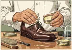 person polishes brown leather person polishes brown leather shoe using cloth focused detailed care shine 419399071