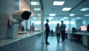 security camera mounted stone wall monitors bank lobby activity people visible background near teller counters 398719025