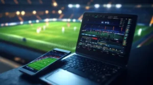 soccer betting excitement dynamic online platform mobile laptop live updates stadium scene background eye catching 329777507