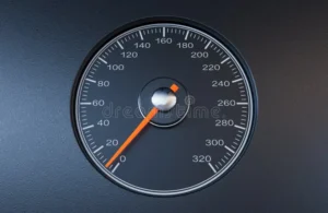 speedometer slow regular car orange needle pointing towards speed isolated black background d render 261146741